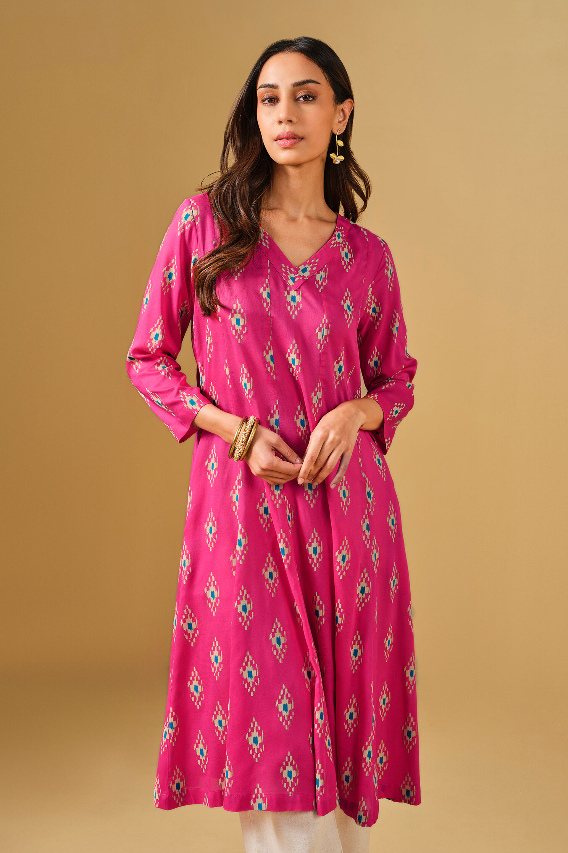 Ikat Inspired Pink Viscose Kurta, Pink, image 2
